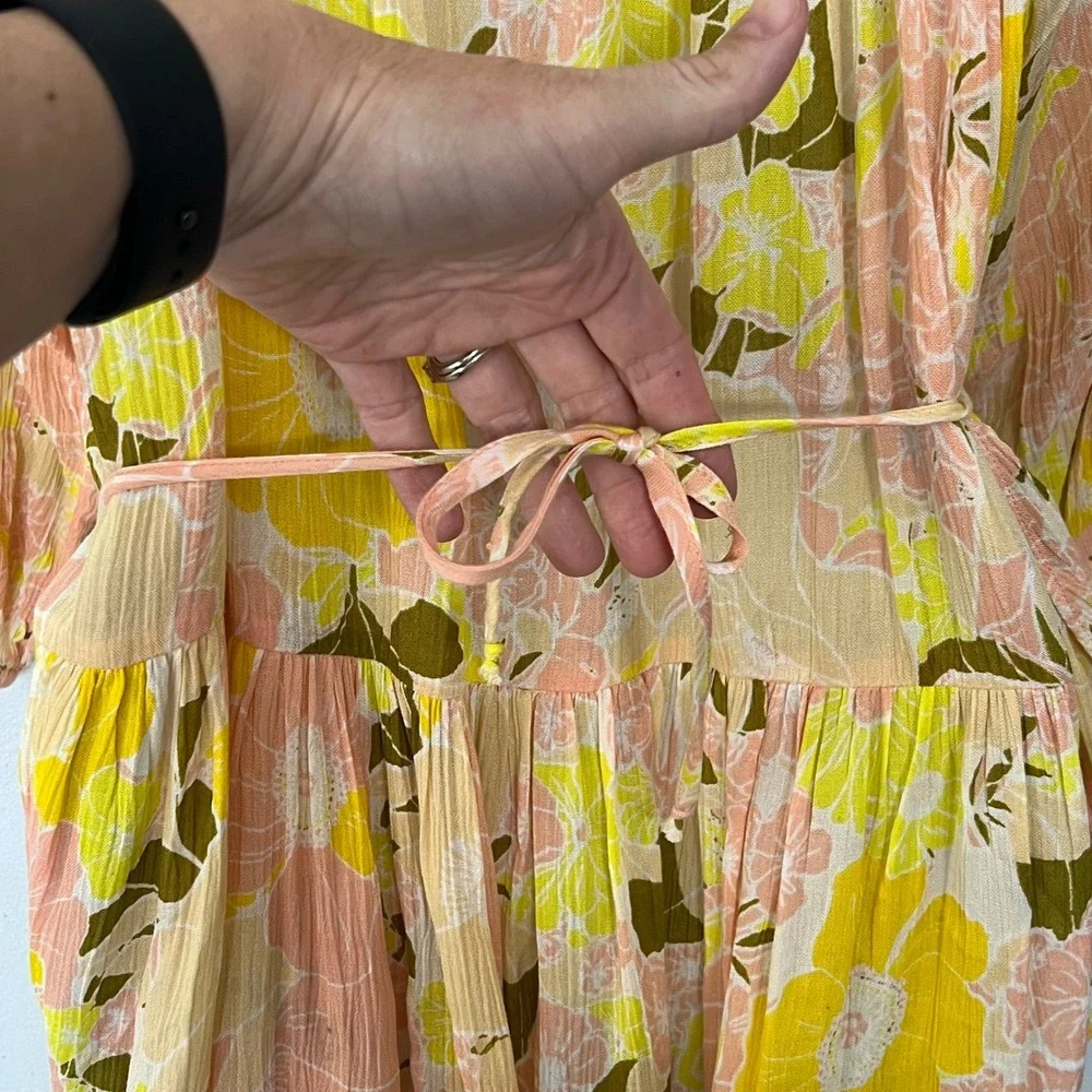 Free‎ People Tunic Top Mini Dress XS Yellow Floral Wrap Tiered Ruffle Boho Gauze